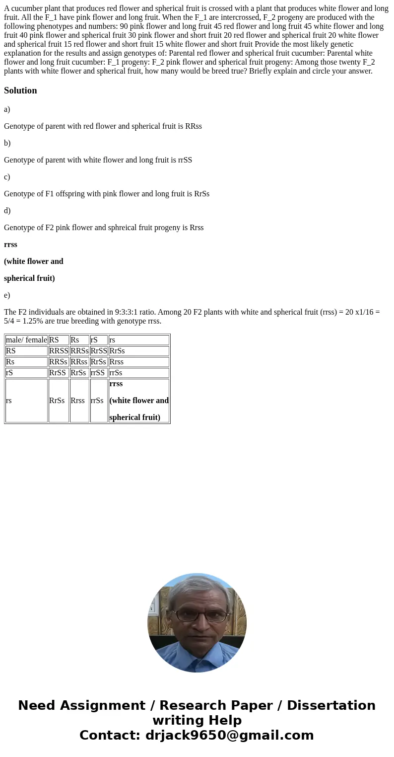 A cucumber plant that produces red flower and spherical fruit is crossed with a plant that produces white flower and long fruit. All the F_1 have pink flower a  A cucumber plant that produces red flower and spherical fruit is crossed with a plant that produces white flower and long fruit. All the F_1 have pink flower a