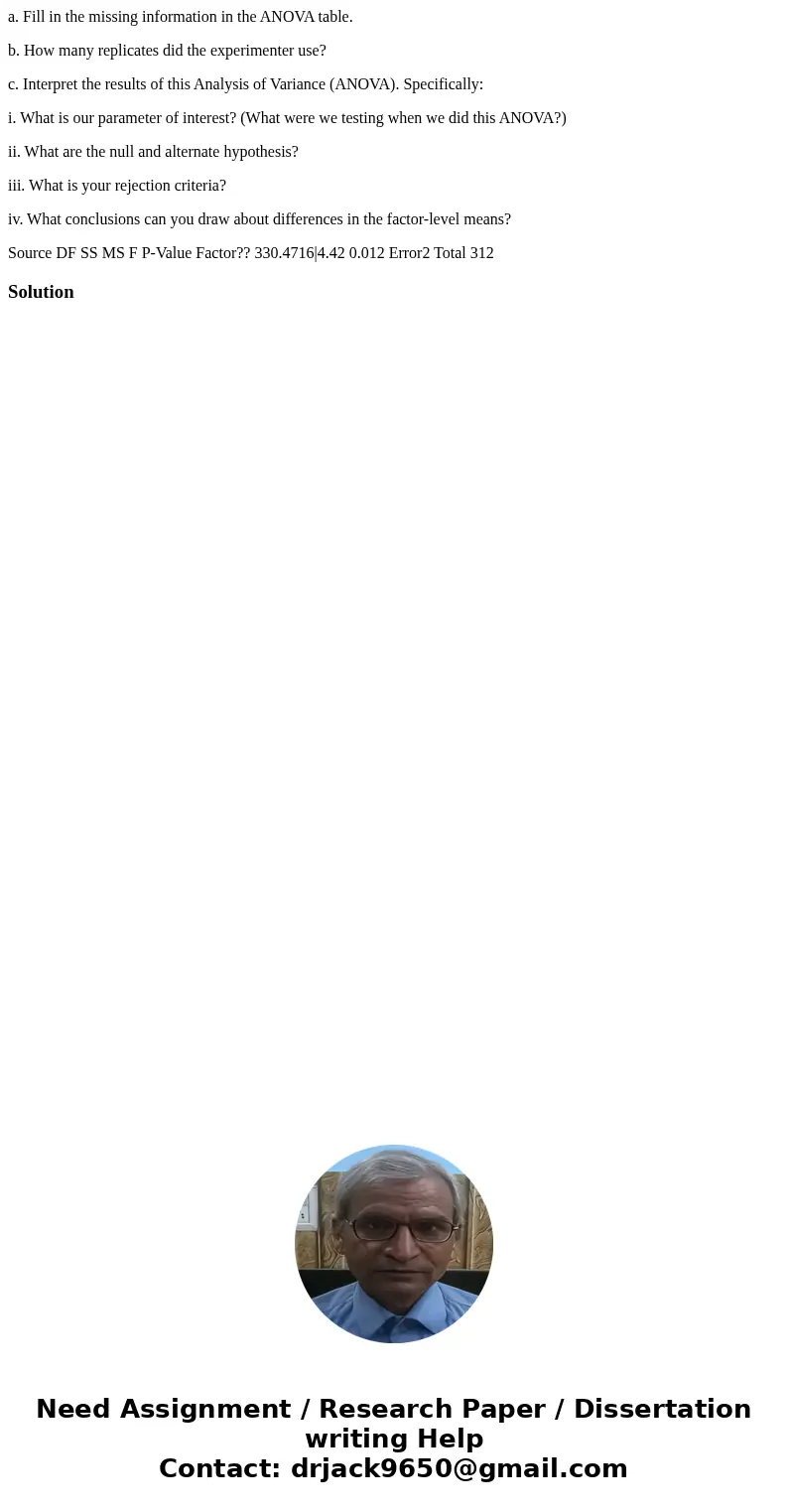 a. Fill in the missing information in the ANOVA table. b. How many replicates did the experimenter use? c. Interpret the results of this Analysis of Variance (A a. Fill in the missing information in the ANOVA table. b. How many replicates did the experimenter use? c. Interpret the results of this Analysis of Variance (A