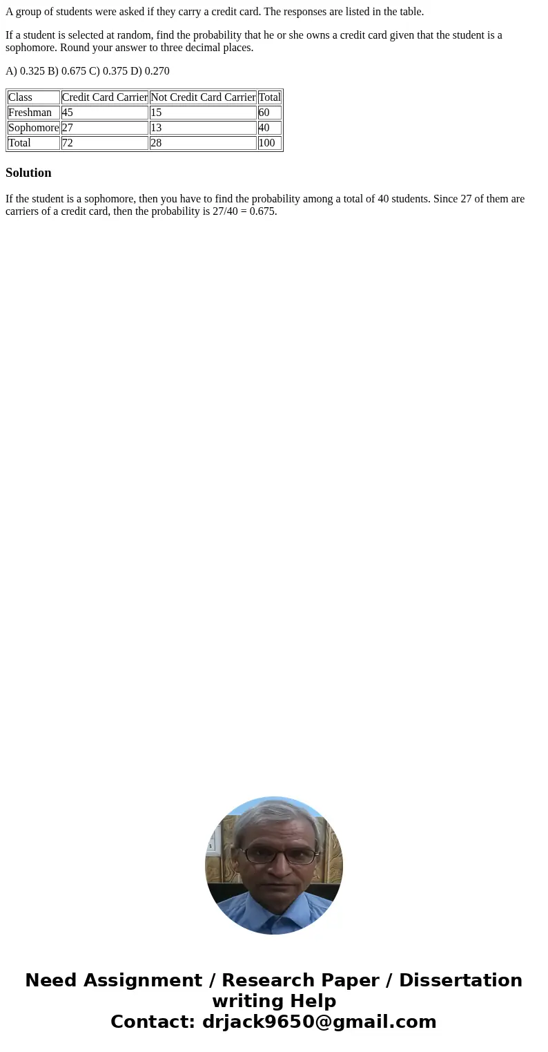 A group of students were asked if they carry a credit card. The responses are listed in the table. If a student is selected at random, find the probability that A group of students were asked if they carry a credit card. The responses are listed in the table. If a student is selected at random, find the probability that