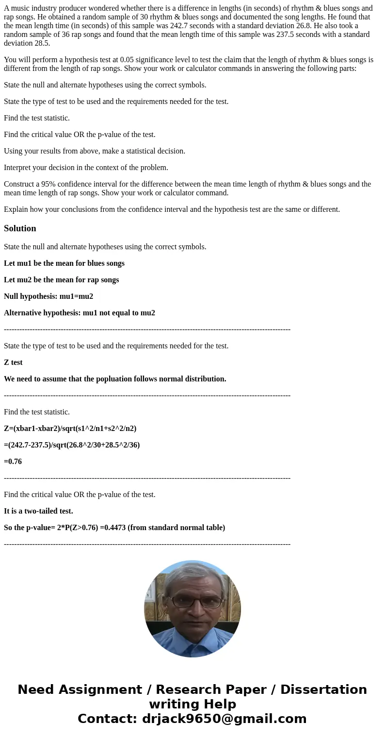 A music industry producer wondered whether there is a difference in lengths (in seconds) of rhythm & blues songs and rap songs. He obtained a random sample  A music industry producer wondered whether there is a difference in lengths (in seconds) of rhythm & blues songs and rap songs. He obtained a random sample