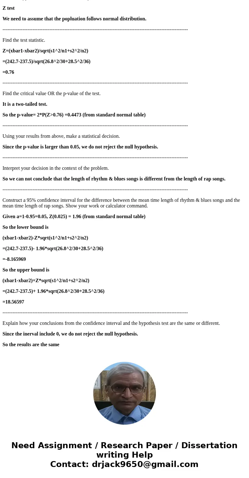 A music industry producer wondered whether there is a difference in lengths (in seconds) of rhythm & blues songs and rap songs. He obtained a random sample  A music industry producer wondered whether there is a difference in lengths (in seconds) of rhythm & blues songs and rap songs. He obtained a random sample