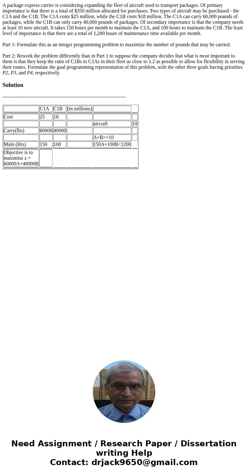 A package express carrier is considering expanding the fleet of aircraft used to transport packages. Of primary importance is that there is a total of $350 mill