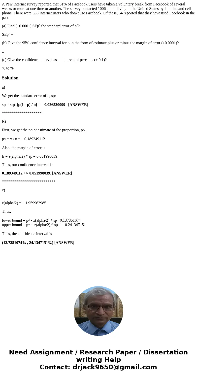 A Pew Internet survey reported that 61% of Facebook users have taken a voluntary break from Facebook of several weeks or more at one time or another. The survey A Pew Internet survey reported that 61% of Facebook users have taken a voluntary break from Facebook of several weeks or more at one time or another. The survey