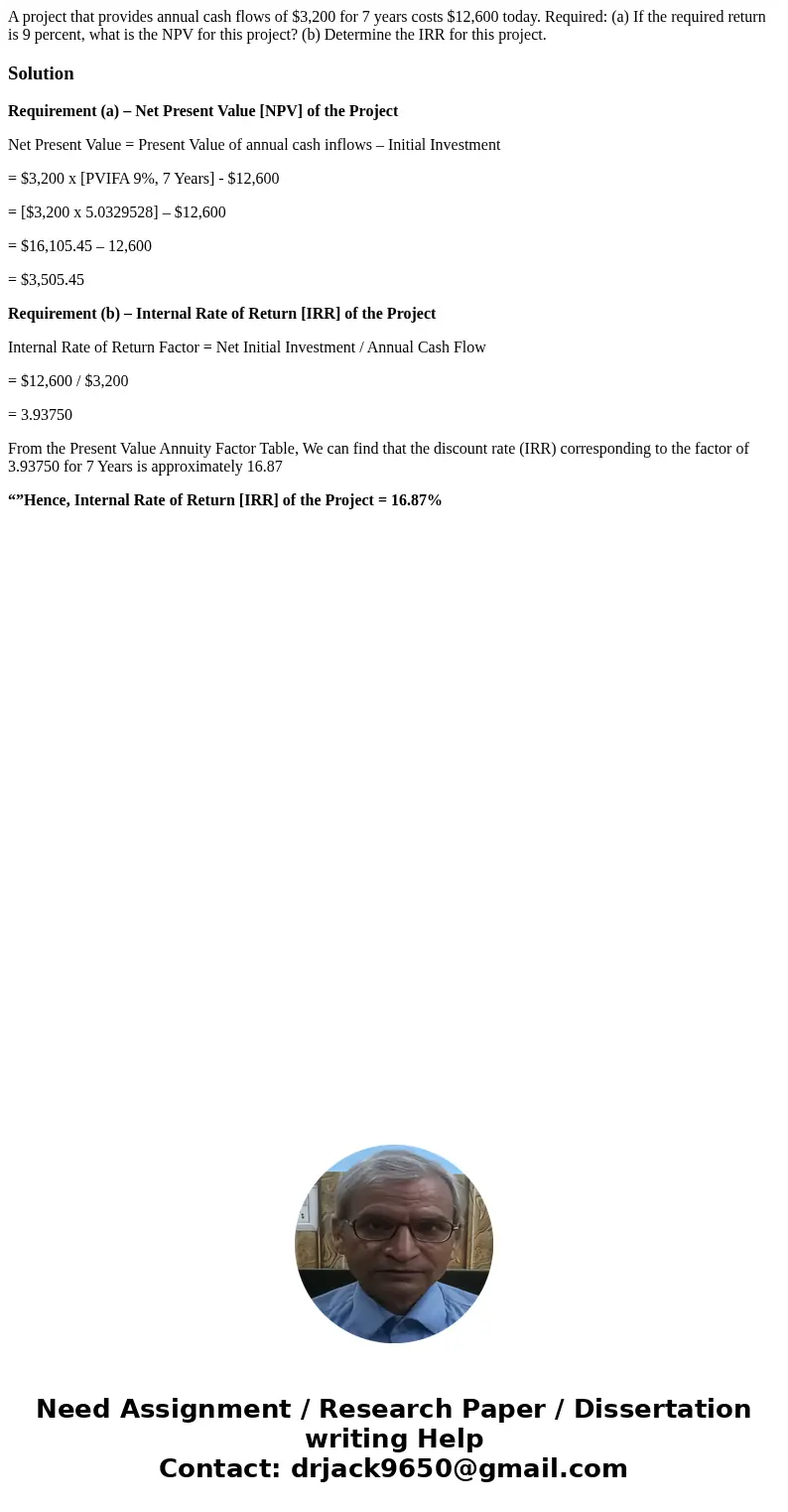 A project that provides annual cash flows of $3,200 for 7 years costs $12,600 today. Required: (a) If the required return is 9 percent, what is the NPV for this A project that provides annual cash flows of $3,200 for 7 years costs $12,600 today. Required: (a) If the required return is 9 percent, what is the NPV for this
