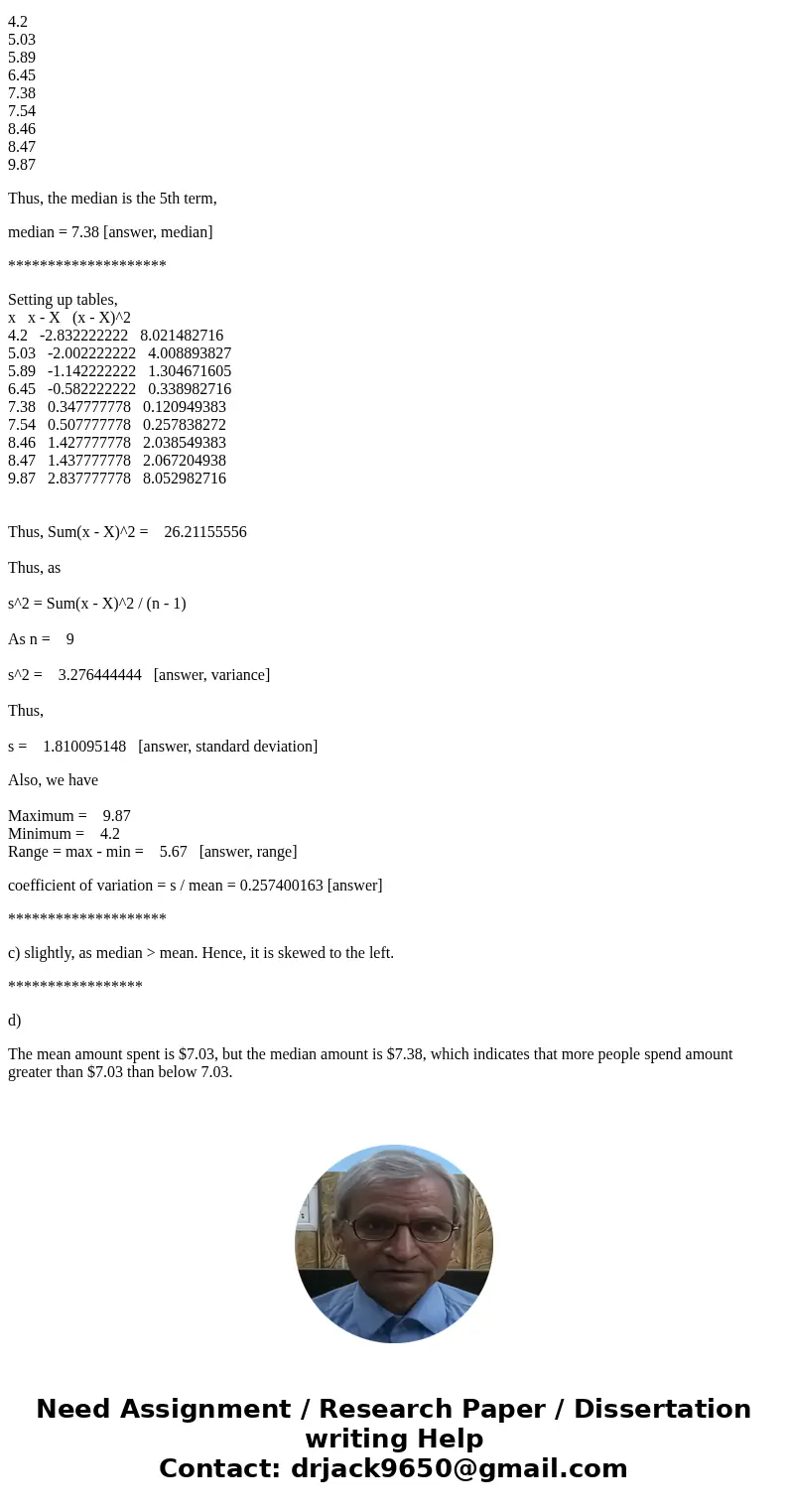 A sample of 9 customers in dollars spent for lunch for fast-food: 4.20 5.03 5.89 6.45 7.38 7.54 8.46 8.47 9.87 a. Compute the mean and median. b. Compute the va A sample of 9 customers in dollars spent for lunch for fast-food: 4.20 5.03 5.89 6.45 7.38 7.54 8.46 8.47 9.87 a. Compute the mean and median. b. Compute the va
