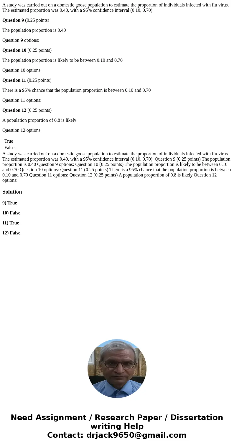 A study was carried out on a domestic goose population to estimate the proportion of individuals infected with flu virus. The estimated proportion was 0.40, wit A study was carried out on a domestic goose population to estimate the proportion of individuals infected with flu virus. The estimated proportion was 0.40, wit