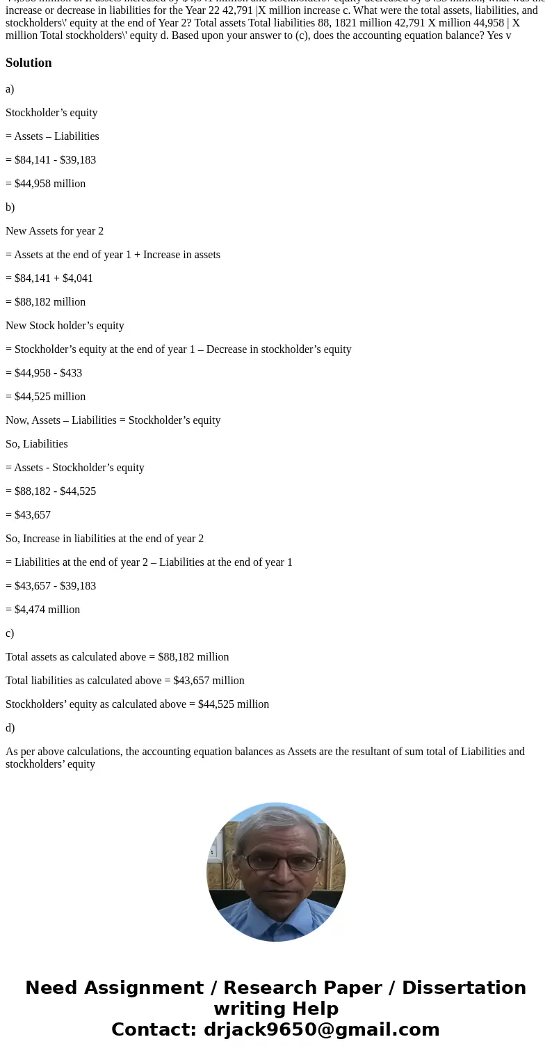 Accounting Equation The Walt Disney Company (DIS) had the following assets and liabilities (in millions) at the end of Year 1. Assets $84,141 Liabilities 39,18  Accounting Equation The Walt Disney Company (DIS) had the following assets and liabilities (in millions) at the end of Year 1. Assets $84,141 Liabilities 39,18