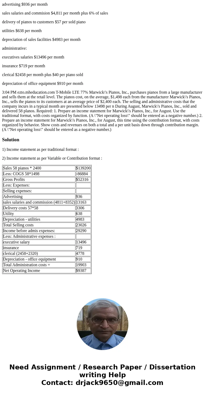 advertising $936 per month sales salaries and commision $4,811 per month plus 6% of sales delivery of pianos to customers $57 per sold piano utilities $638 per  advertising $936 per month sales salaries and commision $4,811 per month plus 6% of sales delivery of pianos to customers $57 per sold piano utilities $638 per