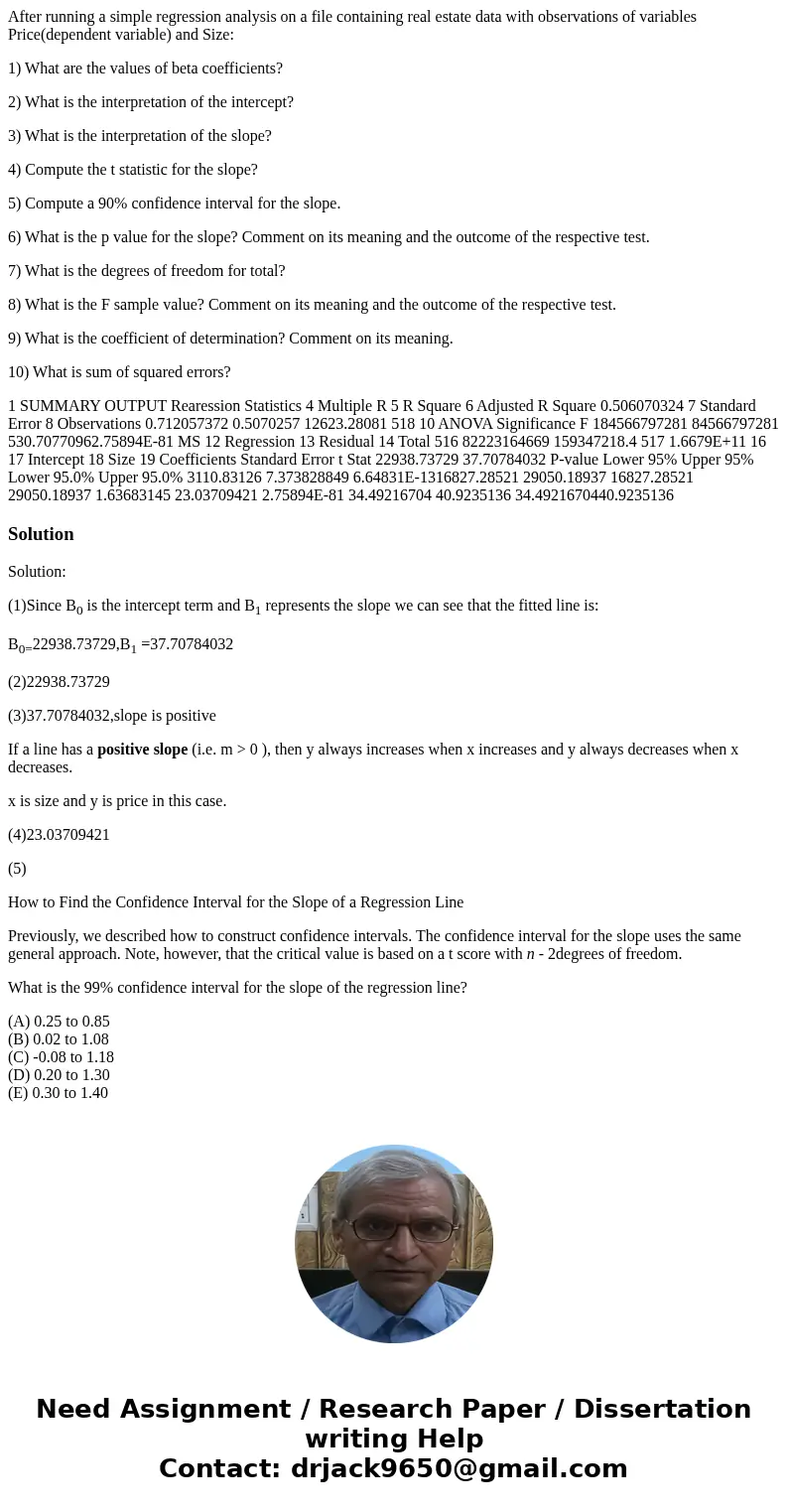 After running a simple regression analysis on a file containing real estate data with observations of variables Price(dependent variable) and Size: 1) What are 