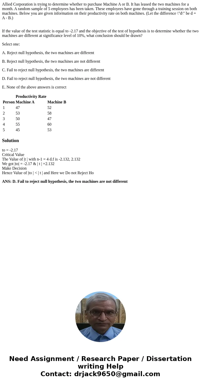 Allied Corporation is trying to determine whether to purchase Machine A or B. It has leased the two machines for a month. A random sample of 5 employees has bee