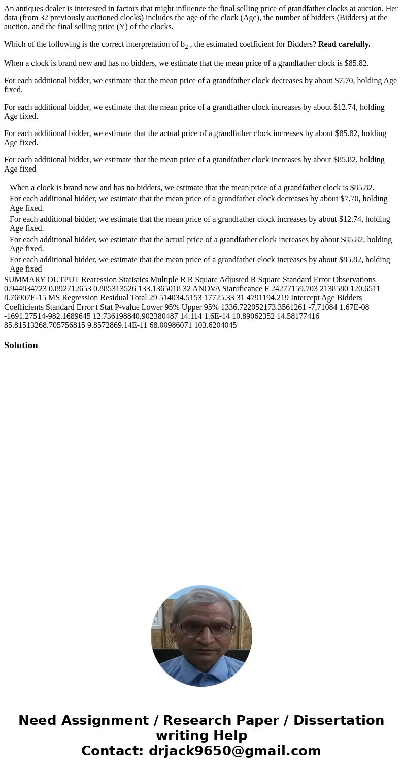 An antiques dealer is interested in factors that might influence the final selling price of grandfather clocks at auction. Her data (from 32 previously auctione An antiques dealer is interested in factors that might influence the final selling price of grandfather clocks at auction. Her data (from 32 previously auctione