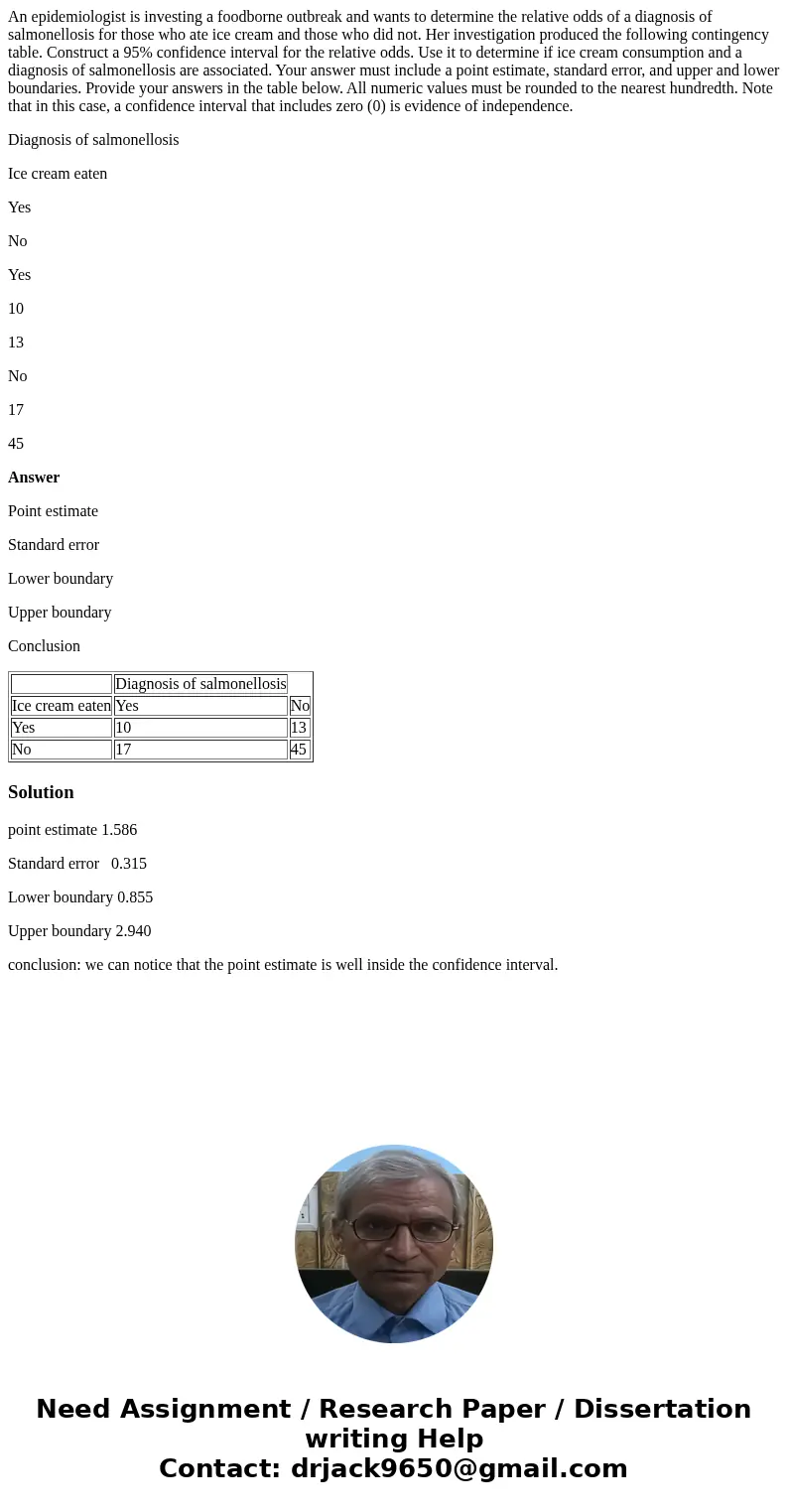 An epidemiologist is investing a foodborne outbreak and wants to determine the relative odds of a diagnosis of salmonellosis for those who ate ice cream and tho
