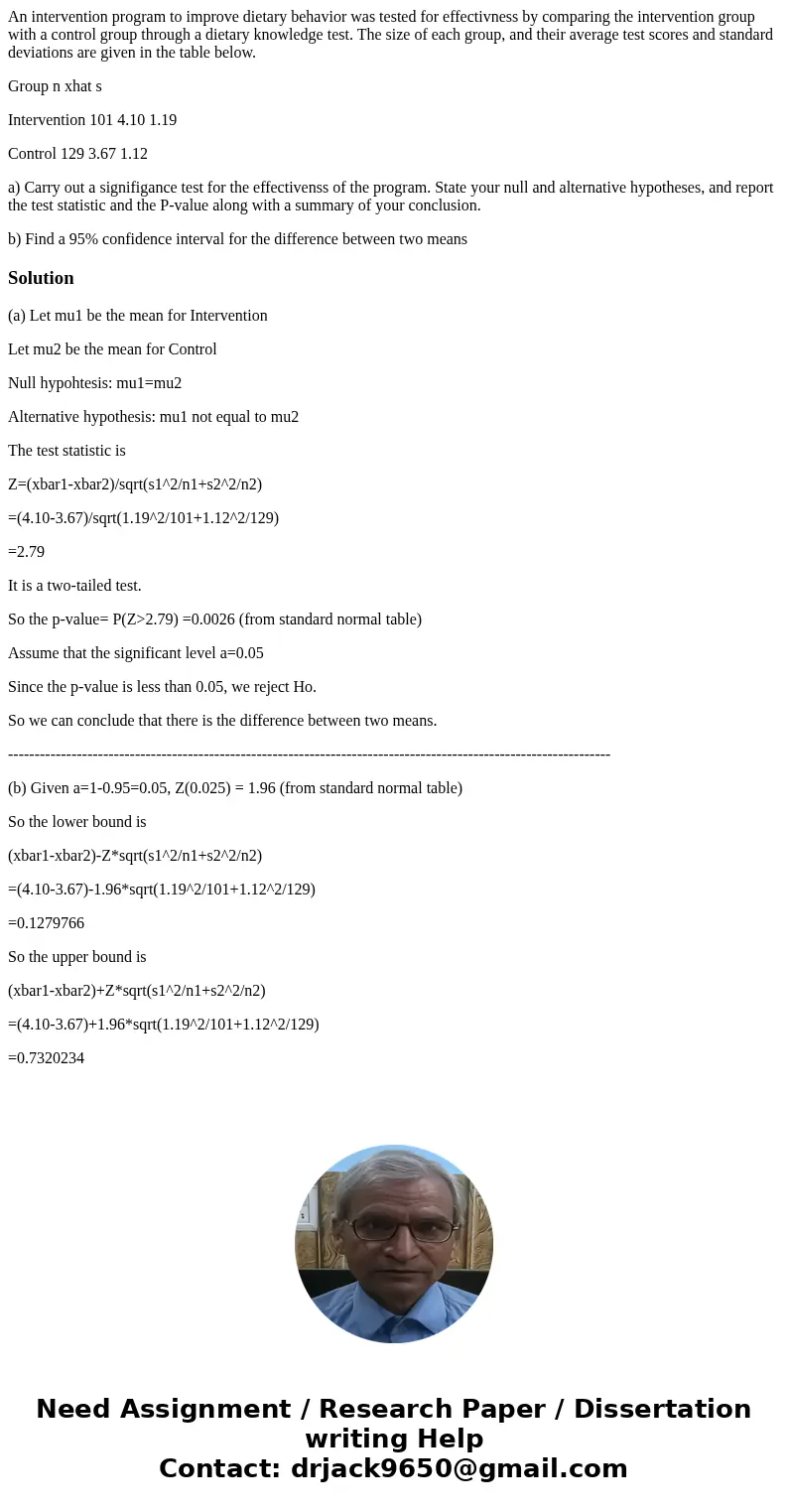 An intervention program to improve dietary behavior was tested for effectivness by comparing the intervention group with a control group through a dietary knowl An intervention program to improve dietary behavior was tested for effectivness by comparing the intervention group with a control group through a dietary knowl