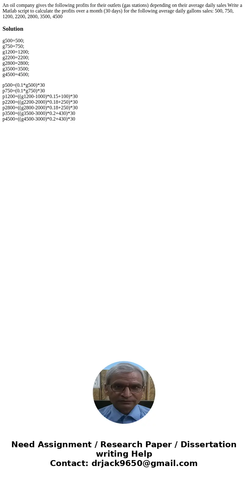  An oil company gives the following profits for their outlets (gas stations) depending on their average daily sales Write a Matlab script to calculate the profi