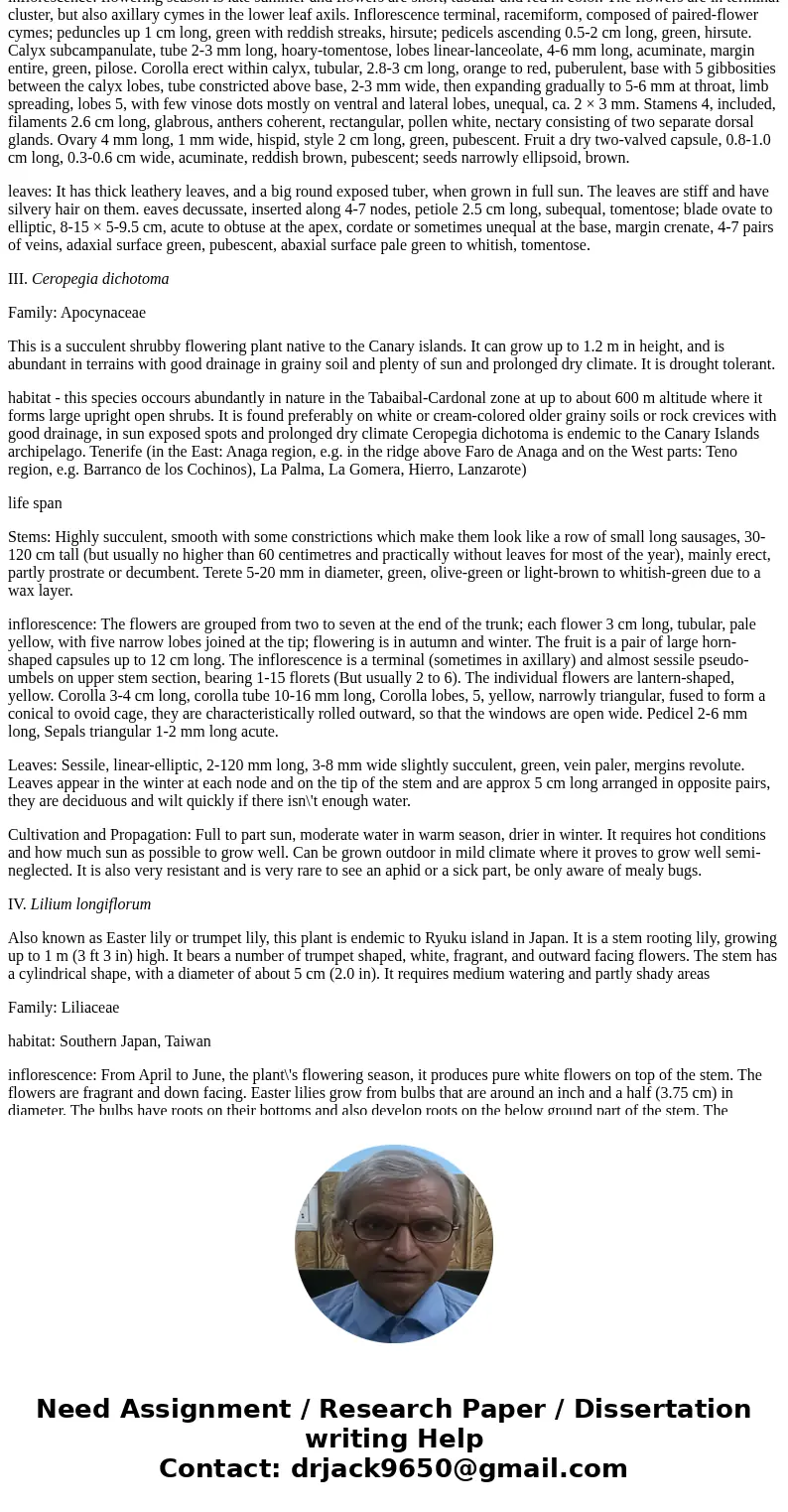 Answer and describe the following five plants: habit, habitat, life span, throns, spines or prickles, infloresences, leaves (complexity, attachment to stem, arr Answer and describe the following five plants: habit, habitat, life span, throns, spines or prickles, infloresences, leaves (complexity, attachment to stem, arr