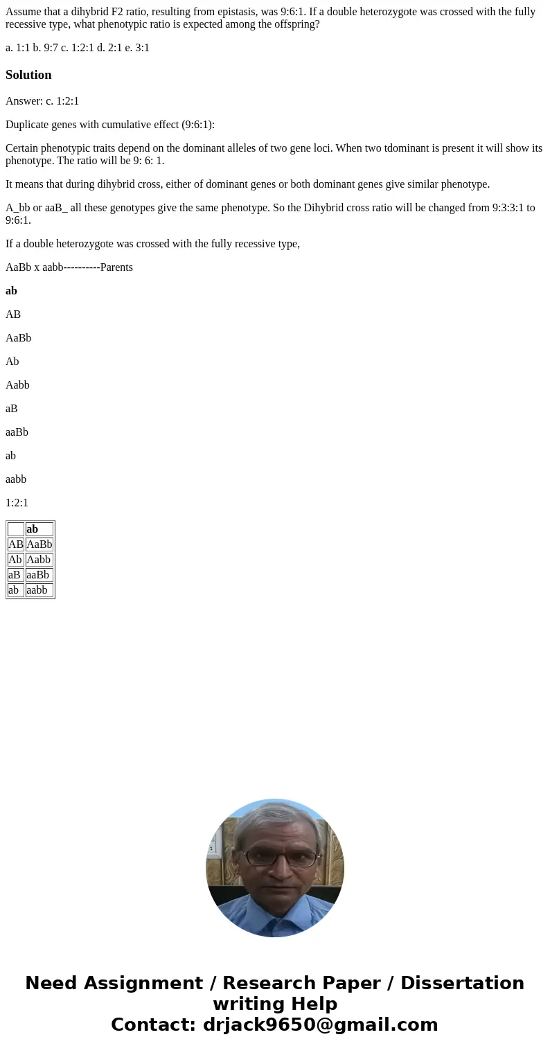 Assume that a dihybrid F2 ratio, resulting from epistasis, was 9:6:1. If a double heterozygote was crossed with the fully recessive type, what phenotypic ratio  Assume that a dihybrid F2 ratio, resulting from epistasis, was 9:6:1. If a double heterozygote was crossed with the fully recessive type, what phenotypic ratio