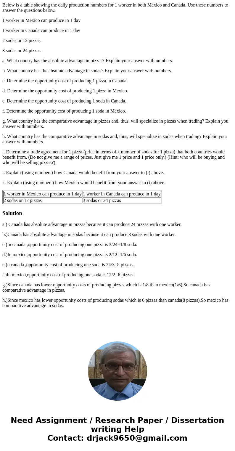 Below is a table showing the daily production numbers for 1 worker in both Mexico and Canada. Use these numbers to answer the questions below. 1 worker in Mexic Below is a table showing the daily production numbers for 1 worker in both Mexico and Canada. Use these numbers to answer the questions below. 1 worker in Mexic