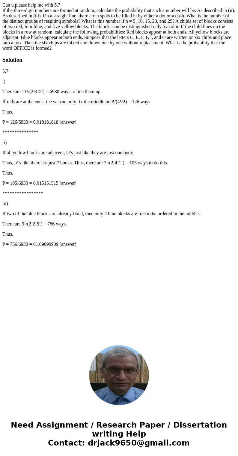 Can u please help me with 5.7 If the three-digit numbers are formed at random, calculate the probability that such a number will be: As described in (ii). As de
