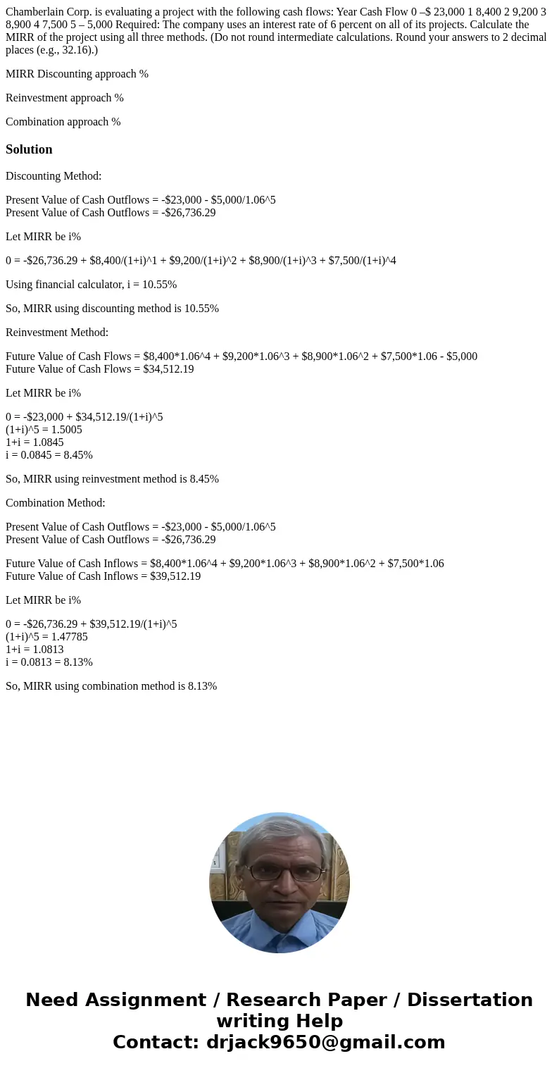Chamberlain Corp. is evaluating a project with the following cash flows: Year Cash Flow 0 –$ 23,000 1 8,400 2 9,200 3 8,900 4 7,500 5 – 5,000 Required: The comp Chamberlain Corp. is evaluating a project with the following cash flows: Year Cash Flow 0 –$ 23,000 1 8,400 2 9,200 3 8,900 4 7,500 5 – 5,000 Required: The comp