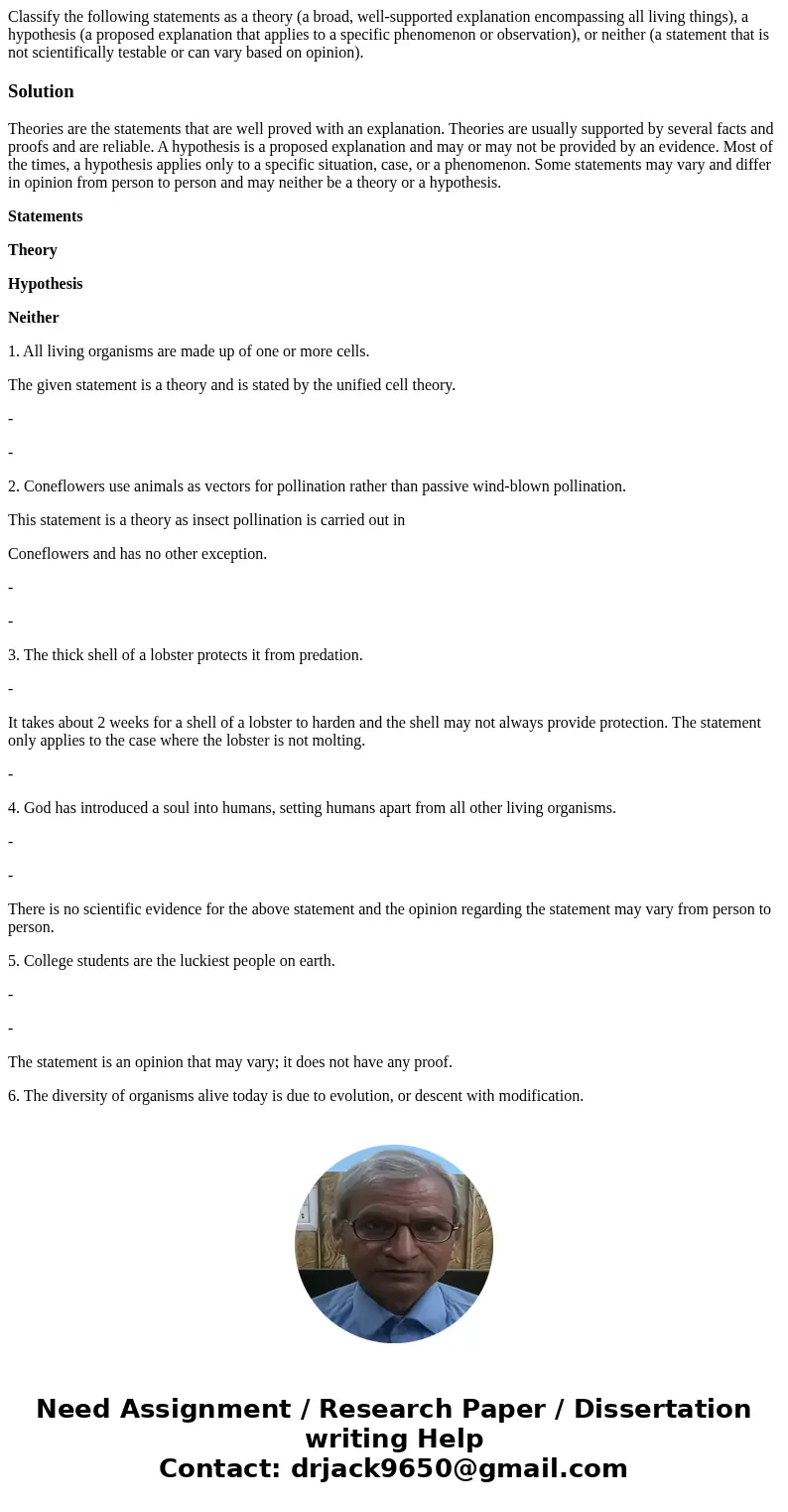 Classify the following statements as a theory (a broad, well-supported explanation encompassing all living things), a hypothesis (a proposed explanation that a  Classify the following statements as a theory (a broad, well-supported explanation encompassing all living things), a hypothesis (a proposed explanation that a