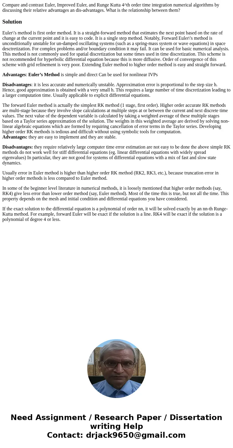 Compare and contrast Euler, Improved Euler, and Runge Kutta 4^th order time integration numerical algorithms by discussing their relative advantages an dis-adv  Compare and contrast Euler, Improved Euler, and Runge Kutta 4^th order time integration numerical algorithms by discussing their relative advantages an dis-adv