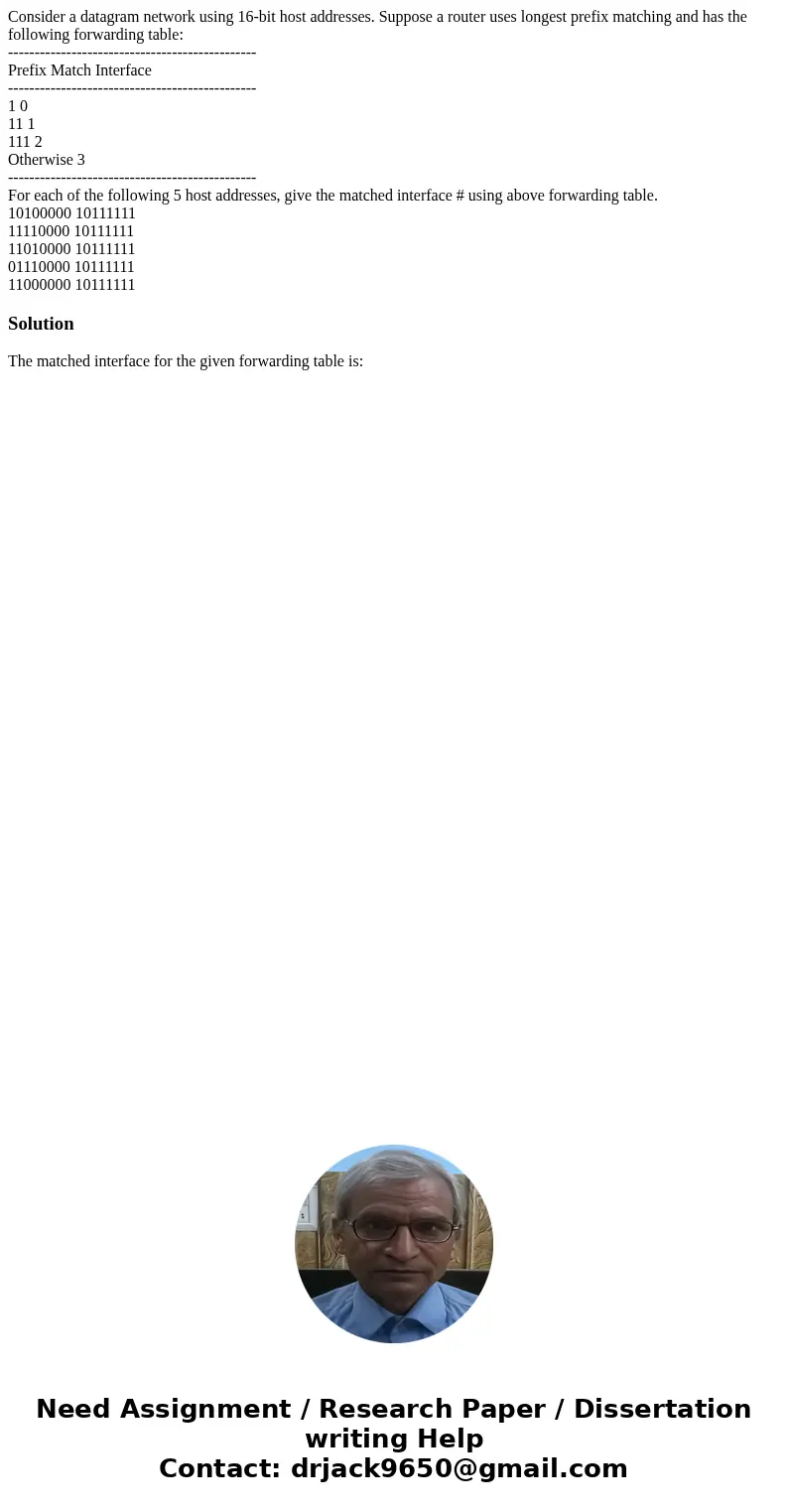 Consider a datagram network using 16-bit host addresses. Suppose a router uses longest prefix matching and has the following forwarding table: ----------------- Consider a datagram network using 16-bit host addresses. Suppose a router uses longest prefix matching and has the following forwarding table: -----------------