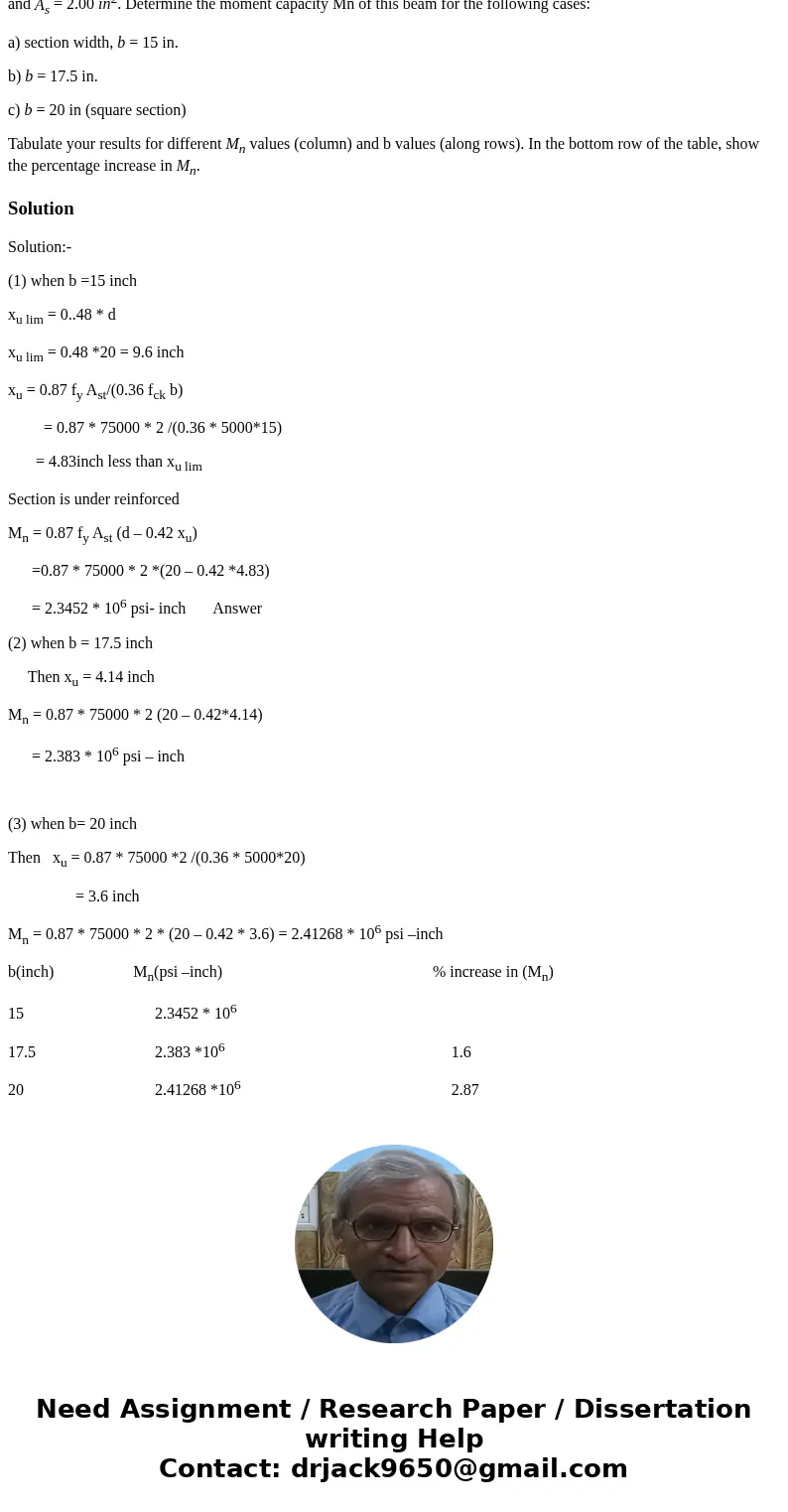 Consider a rectangular reinforced concrete beam with an effective depth, d of 20 in. f\'c= 5000 psi, and fy = 75,000 psi and As = 2.00 in2. Determine the moment Consider a rectangular reinforced concrete beam with an effective depth, d of 20 in. f\'c= 5000 psi, and fy = 75,000 psi and As = 2.00 in2. Determine the moment