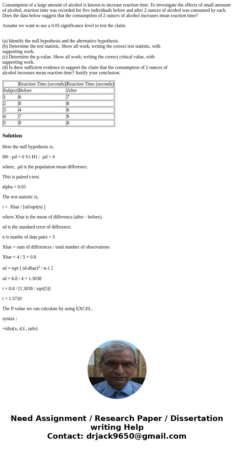 Consumption of a large amount of alcohol is known to increase reaction time. To investigate the effects of small amounts of alcohol, reaction time was recorded  Consumption of a large amount of alcohol is known to increase reaction time. To investigate the effects of small amounts of alcohol, reaction time was recorded