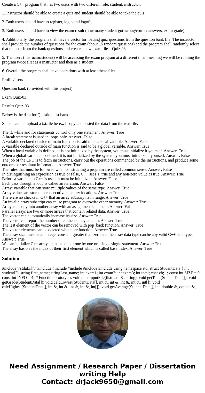Create a C++ program that has two users with two different role: student, instructor. 1. Instructor should be able to create a quiz and student should be able t Create a C++ program that has two users with two different role: student, instructor. 1. Instructor should be able to create a quiz and student should be able t