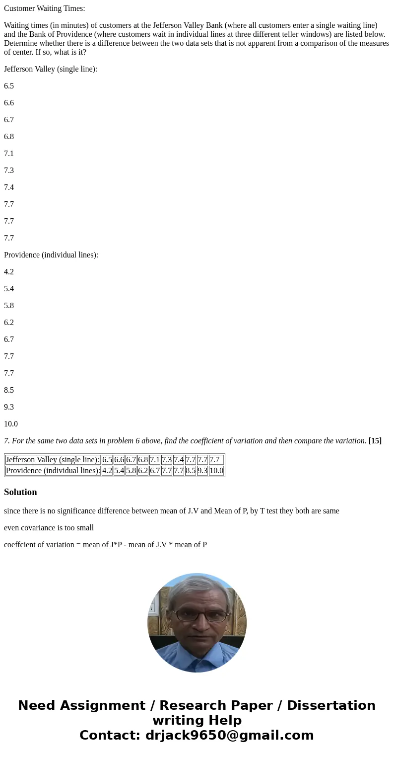 Customer Waiting Times: Waiting times (in minutes) of customers at the Jefferson Valley Bank (where all customers enter a single waiting line) and the Bank of P Customer Waiting Times: Waiting times (in minutes) of customers at the Jefferson Valley Bank (where all customers enter a single waiting line) and the Bank of P