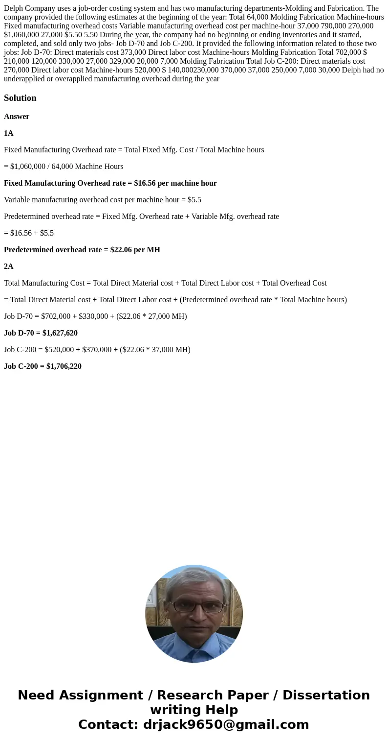 Delph Company uses a job-order costing system and has two manufacturing departments-Molding and Fabrication. The company provided the following estimates at th  Delph Company uses a job-order costing system and has two manufacturing departments-Molding and Fabrication. The company provided the following estimates at th