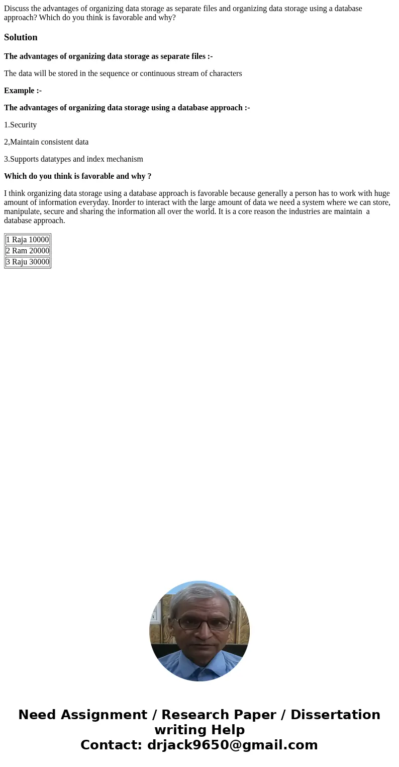 Discuss the advantages of organizing data storage as separate files and organizing data storage using a database approach? Which do you think is favorable and w Discuss the advantages of organizing data storage as separate files and organizing data storage using a database approach? Which do you think is favorable and w