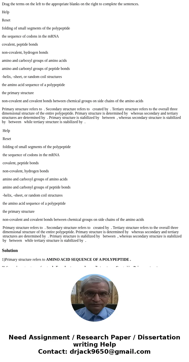 Drag the terms on the left to the appropriate blanks on the right to complete the sentences. Help Reset folding of small segments of the polypeptide the sequenc Drag the terms on the left to the appropriate blanks on the right to complete the sentences. Help Reset folding of small segments of the polypeptide the sequenc