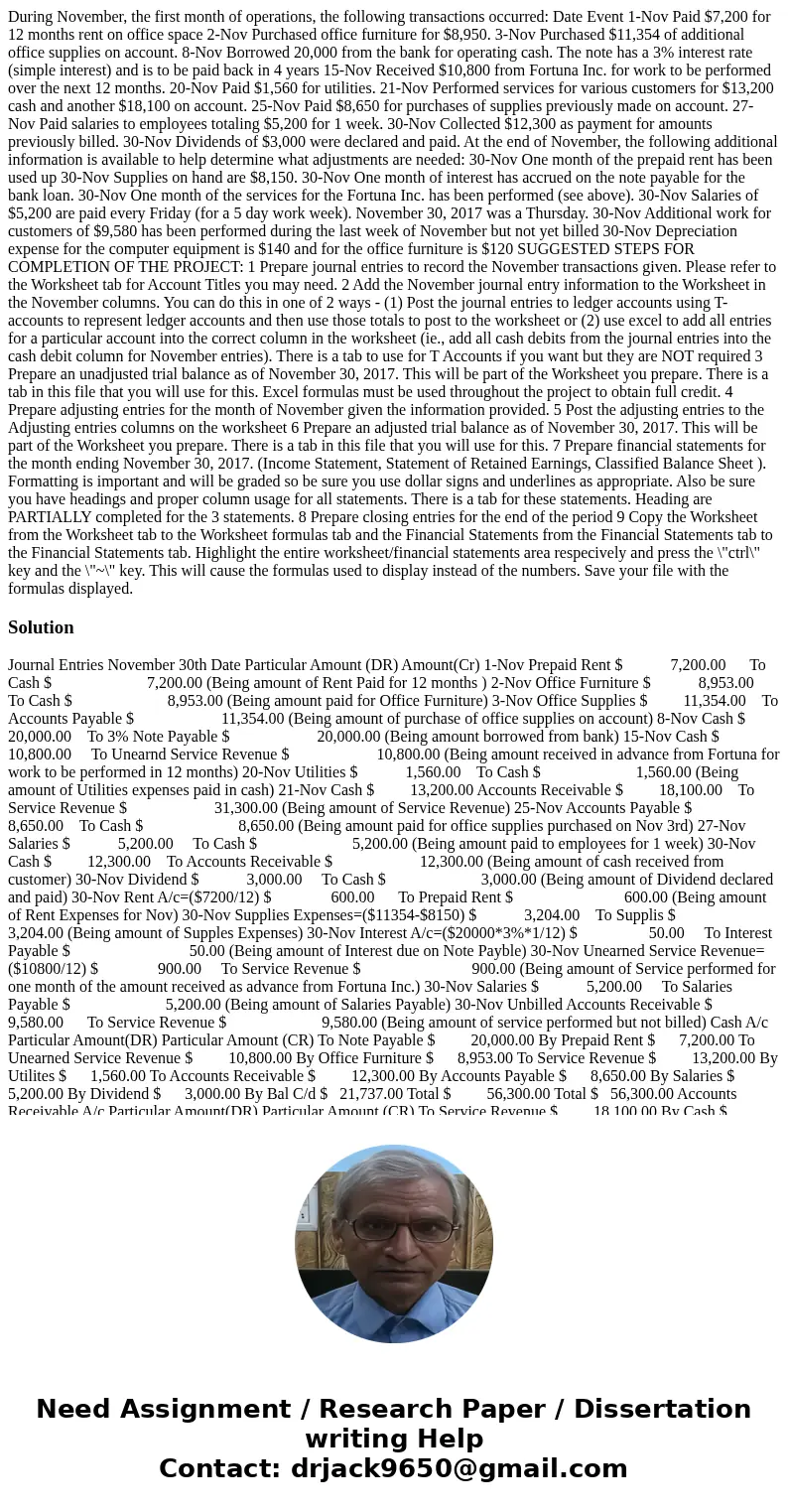 During November, the first month of operations, the following transactions occurred: Date Event 1-Nov Paid $7,200 for 12 months rent on office space 2-Nov Purch During November, the first month of operations, the following transactions occurred: Date Event 1-Nov Paid $7,200 for 12 months rent on office space 2-Nov Purch
