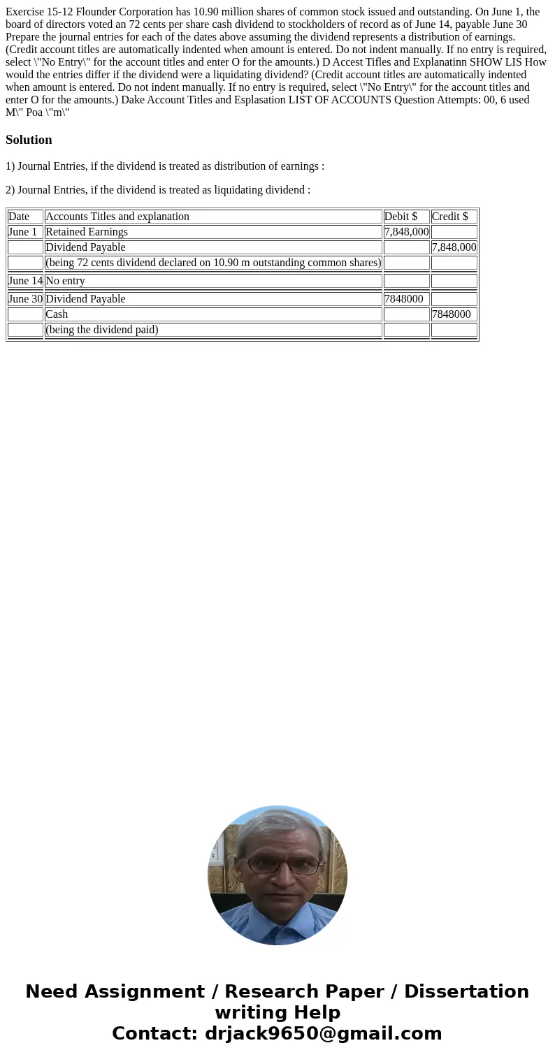 Exercise 15-12 Flounder Corporation has 10.90 million shares of common stock issued and outstanding. On June 1, the board of directors voted an 72 cents per sh  Exercise 15-12 Flounder Corporation has 10.90 million shares of common stock issued and outstanding. On June 1, the board of directors voted an 72 cents per sh