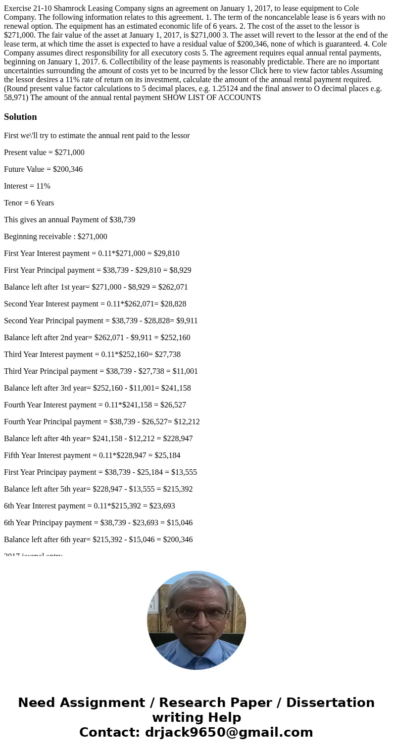 Exercise 21-10 Shamrock Leasing Company signs an agreement on January 1, 2017, to lease equipment to Cole Company. The following information relates to this ag  Exercise 21-10 Shamrock Leasing Company signs an agreement on January 1, 2017, to lease equipment to Cole Company. The following information relates to this ag