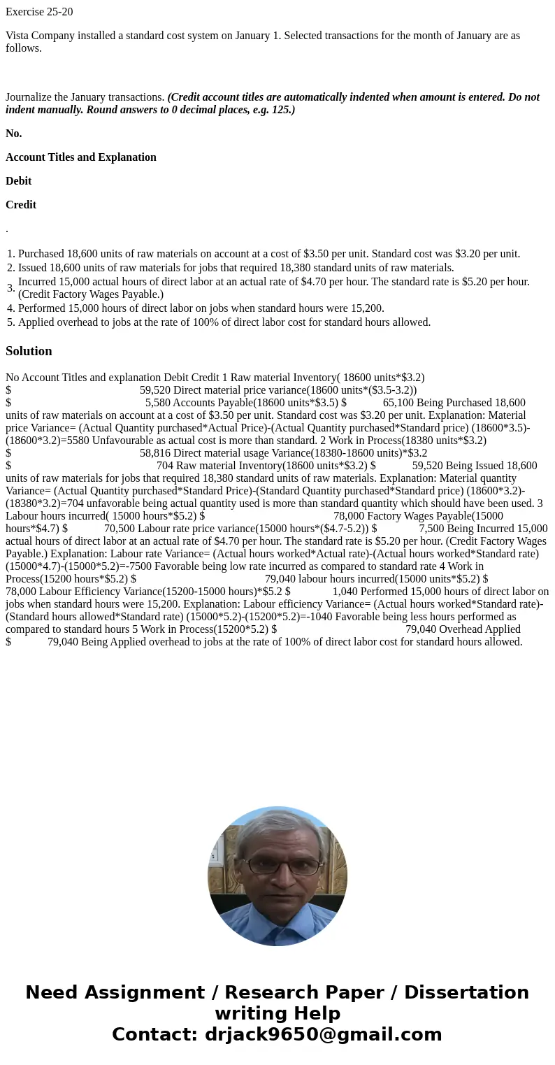 Exercise 25-20 Vista Company installed a standard cost system on January 1. Selected transactions for the month of January are as follows. Journalize the Januar Exercise 25-20 Vista Company installed a standard cost system on January 1. Selected transactions for the month of January are as follows. Journalize the Januar