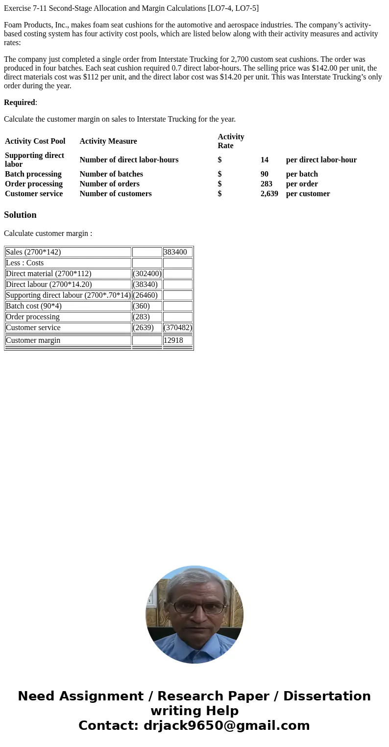 Exercise 7-11 Second-Stage Allocation and Margin Calculations [LO7-4, LO7-5] Foam Products, Inc., makes foam seat cushions for the automotive and aerospace indu