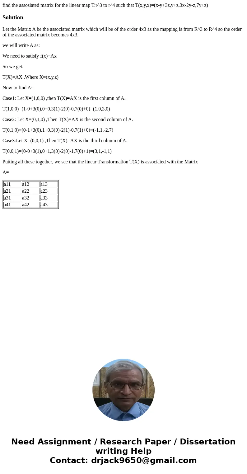 find the assosiated matrix for the linear map T:r^3 to r^4 such that T(x,y,x)=(x-y+3z,y+z,3x-2y-z,7y+z)SolutionLet the Matrix A be the associated matrix which w find the assosiated matrix for the linear map T:r^3 to r^4 such that T(x,y,x)=(x-y+3z,y+z,3x-2y-z,7y+z)SolutionLet the Matrix A be the associated matrix which w