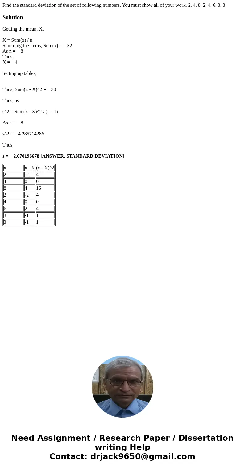 Find the standard deviation of the set of following numbers. You must show all of your work. 2, 4, 8, 2, 4, 6, 3, 3SolutionGetting the mean, X, X = Sum(x) / n S Find the standard deviation of the set of following numbers. You must show all of your work. 2, 4, 8, 2, 4, 6, 3, 3SolutionGetting the mean, X, X = Sum(x) / n S