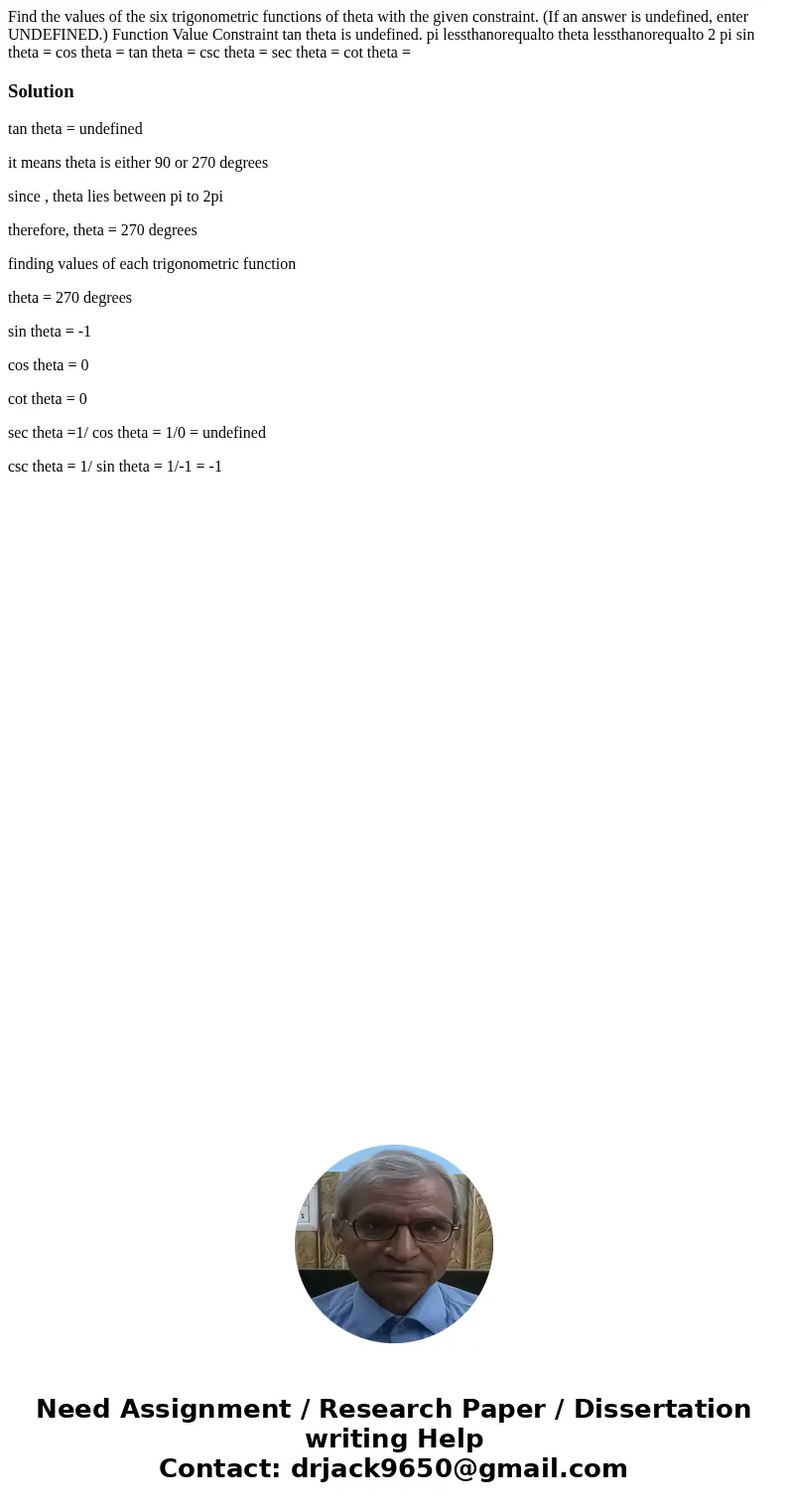  Find the values of the six trigonometric functions of theta with the given constraint. (If an answer is undefined, enter UNDEFINED.) Function Value Constraint 