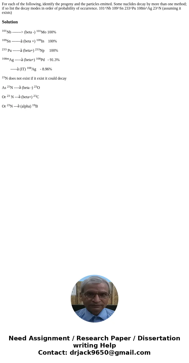 For each of the following, identify the progeny and the particles emitted. Some nuclides decay by more than one method; if so list the decay modes in order of   For each of the following, identify the progeny and the particles emitted. Some nuclides decay by more than one method; if so list the decay modes in order of