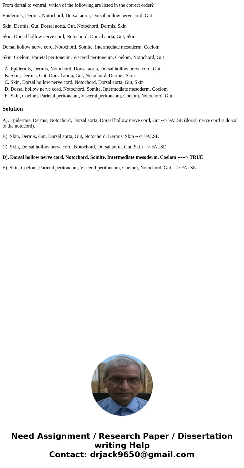 From dorsal to ventral, which of the following are listed in the correct order? Epidermis, Dermis, Notochord, Dorsal aorta, Dorsal hollow nerve cord, Gut Skin,  From dorsal to ventral, which of the following are listed in the correct order? Epidermis, Dermis, Notochord, Dorsal aorta, Dorsal hollow nerve cord, Gut Skin,