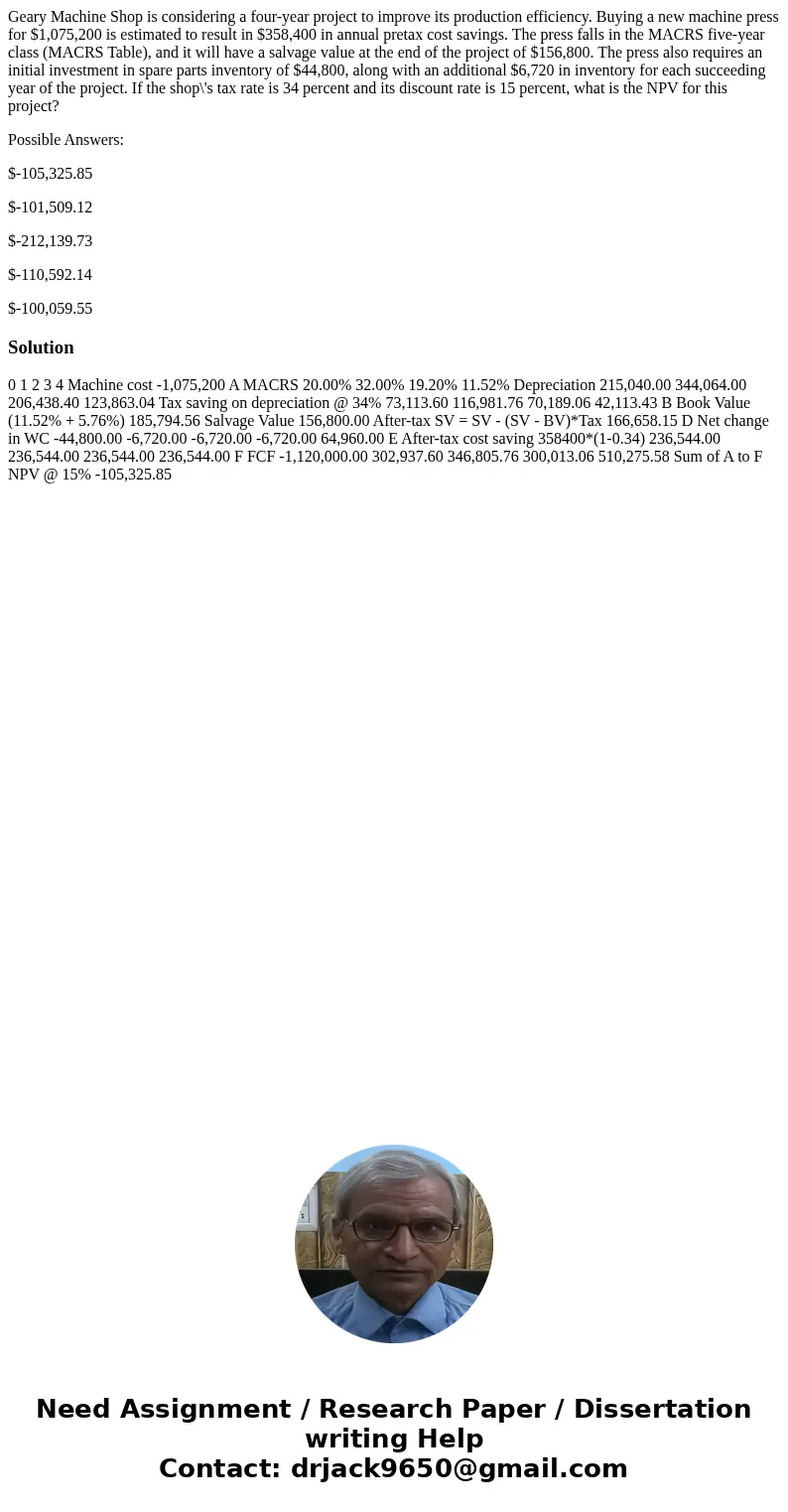 Geary Machine Shop is considering a four-year project to improve its production efficiency. Buying a new machine press for $1,075,200 is estimated to result in  Geary Machine Shop is considering a four-year project to improve its production efficiency. Buying a new machine press for $1,075,200 is estimated to result in