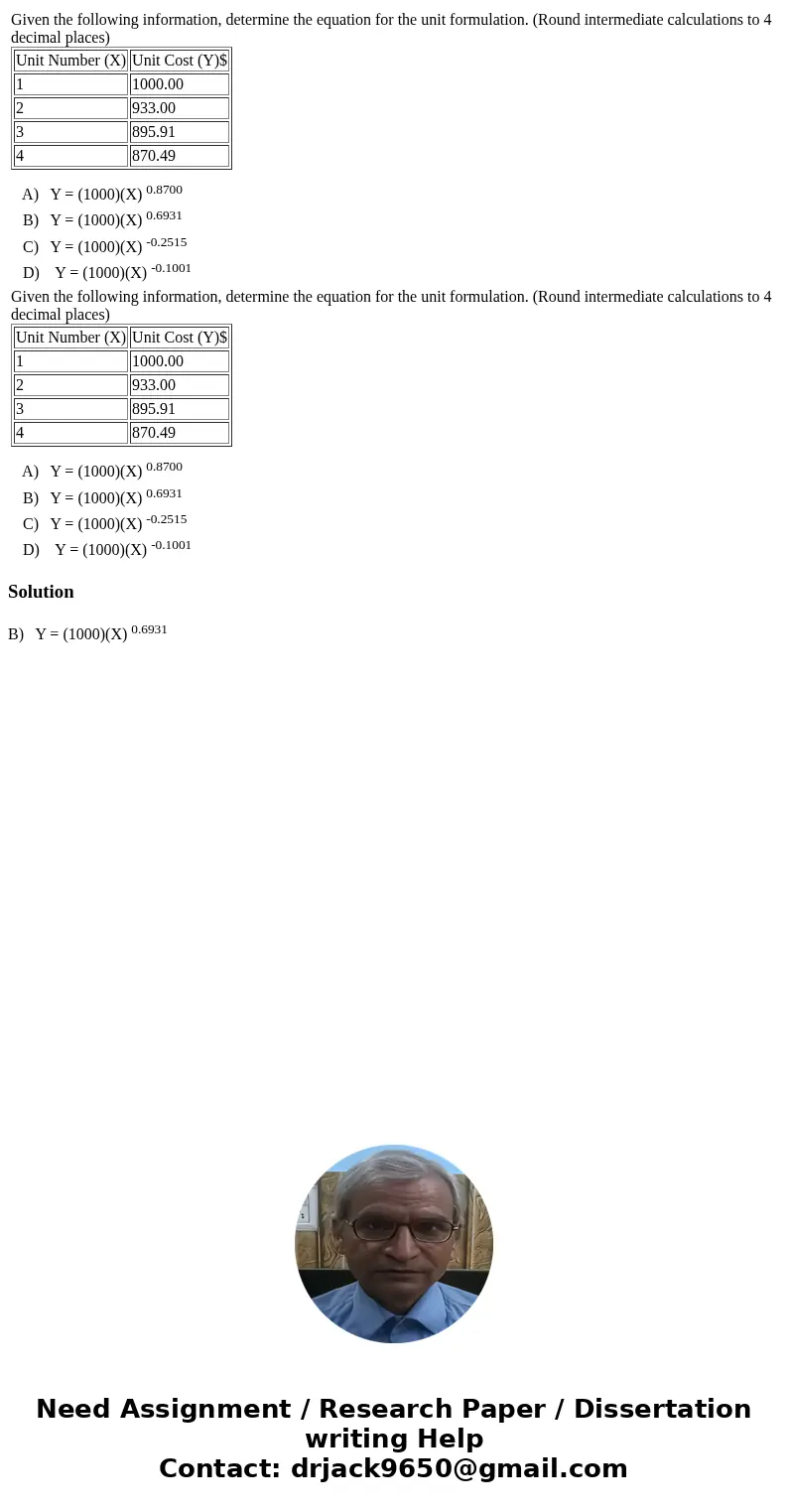 Given the following information, determine the equation for the unit formulation. (Round intermediate calculations to 4 decimal places) Unit Number (X) Unit Co  Given the following information, determine the equation for the unit formulation. (Round intermediate calculations to 4 decimal places) Unit Number (X) Unit Co