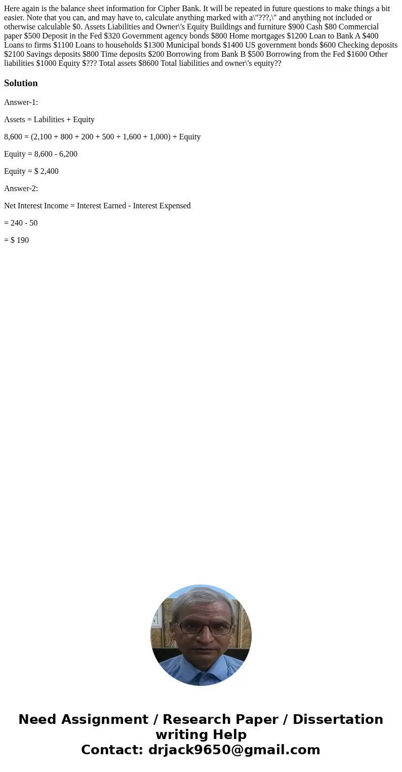 Here again is the balance sheet information for Cipher Bank. It will be repeated in future questions to make things a bit easier. Note that you can, and may ha  Here again is the balance sheet information for Cipher Bank. It will be repeated in future questions to make things a bit easier. Note that you can, and may ha