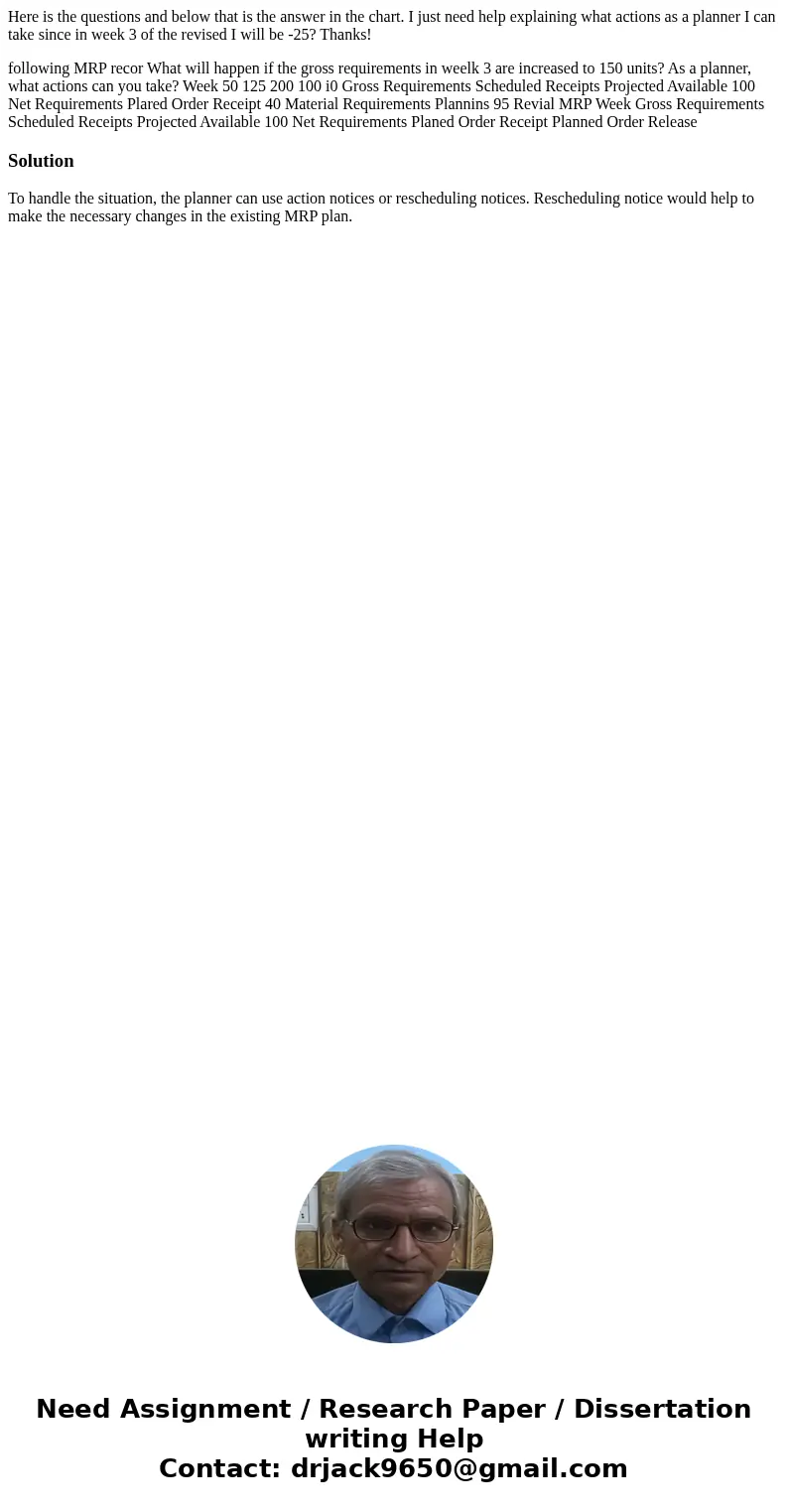 Here is the questions and below that is the answer in the chart. I just need help explaining what actions as a planner I can take since in week 3 of the revised Here is the questions and below that is the answer in the chart. I just need help explaining what actions as a planner I can take since in week 3 of the revised