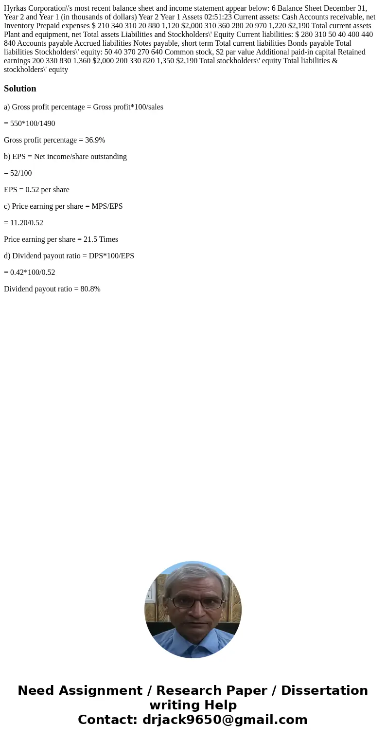 Hyrkas Corporation\'s most recent balance sheet and income statement appear below: 6 Balance Sheet December 31, Year 2 and Year 1 (in thousands of dollars) Yea  Hyrkas Corporation\'s most recent balance sheet and income statement appear below: 6 Balance Sheet December 31, Year 2 and Year 1 (in thousands of dollars) Yea