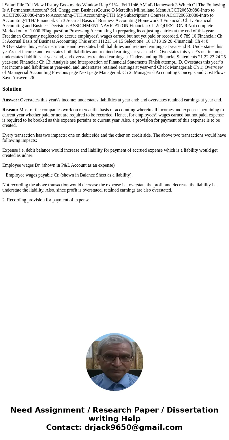  i Safari File Edit View History Bookmarks Window Help 91%-. Fri 11:46 AM aE Hamewark 3 Which Of The Follawing Is A Permanent Account? Sel. Chegg.com BusinessCo