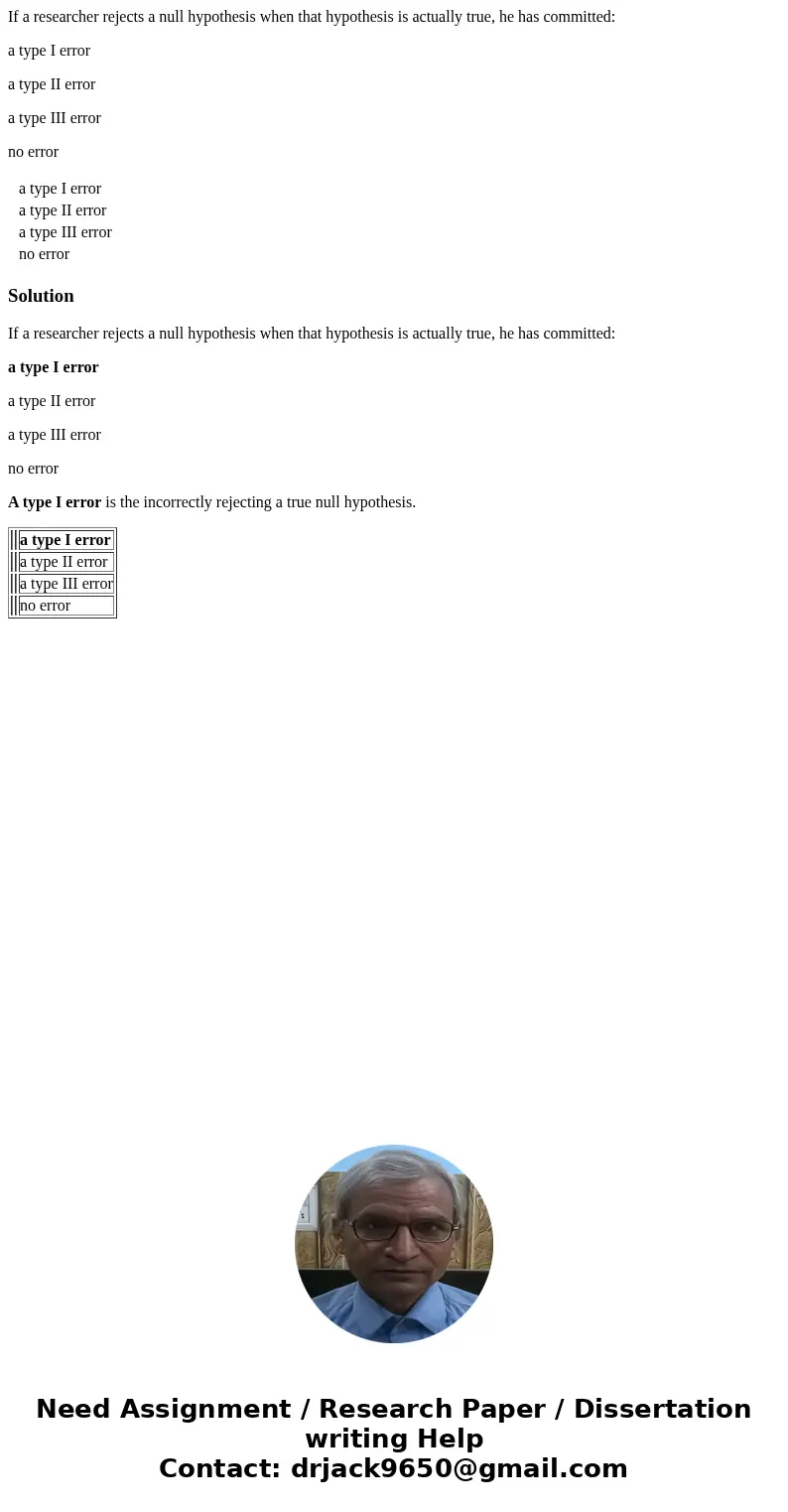 If a researcher rejects a null hypothesis when that hypothesis is actually true, he has committed: a type I error a type II error a type III error no error a ty If a researcher rejects a null hypothesis when that hypothesis is actually true, he has committed: a type I error a type II error a type III error no error a ty